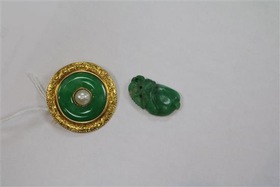 A 14k gold mounted jadeite and cultured pearl circular brooch and a 19th century jadeite carving, brooch 36mm.